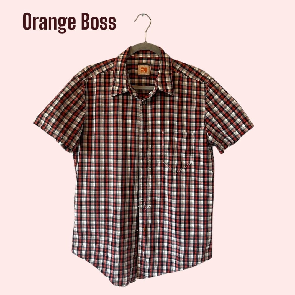 Hugo Boss Orange Label Slim Fit Plaid Shirt L Red Black White Vintage EUC